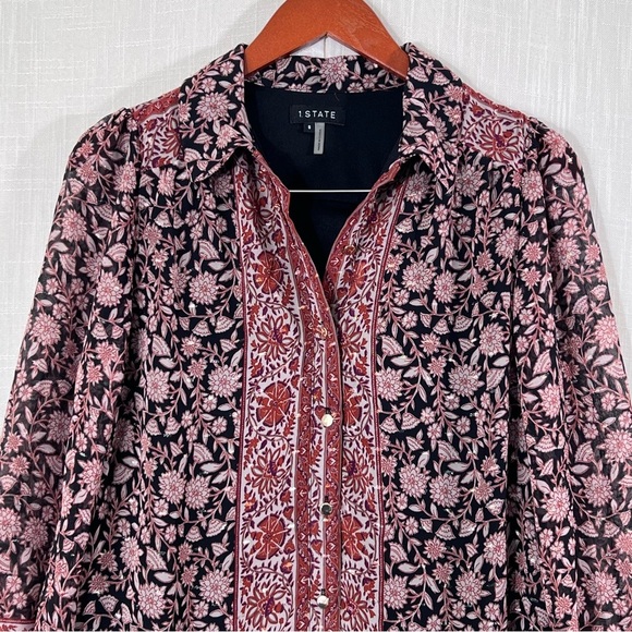 1. State NWT Floral Gold Metallic Button Front Bell Sleeve Boho Dress Sz S - Picture 2 of 12